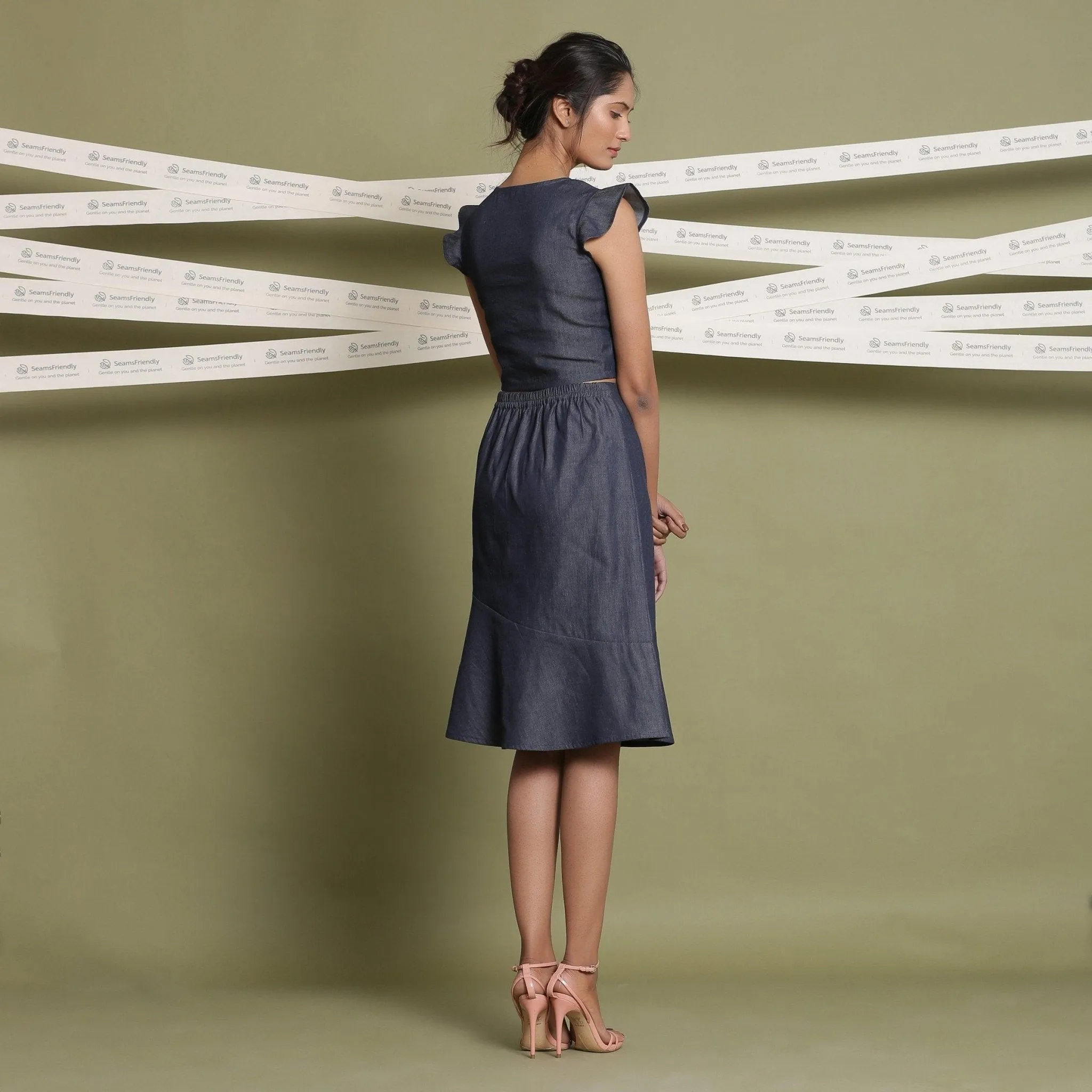 Indigo Cotton Denim Paneled Knee Length Skirt