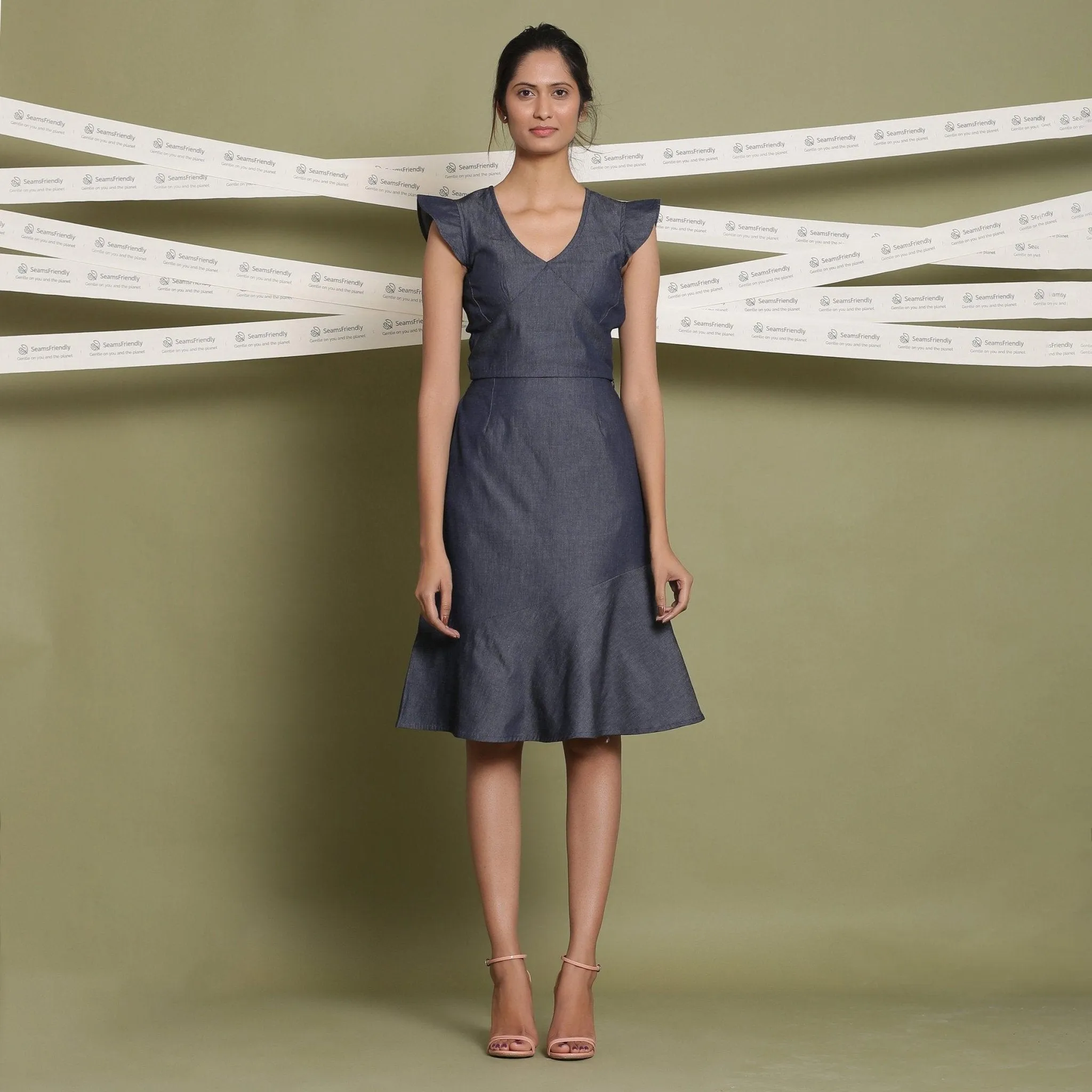 Indigo Cotton Denim Paneled Knee Length Skirt