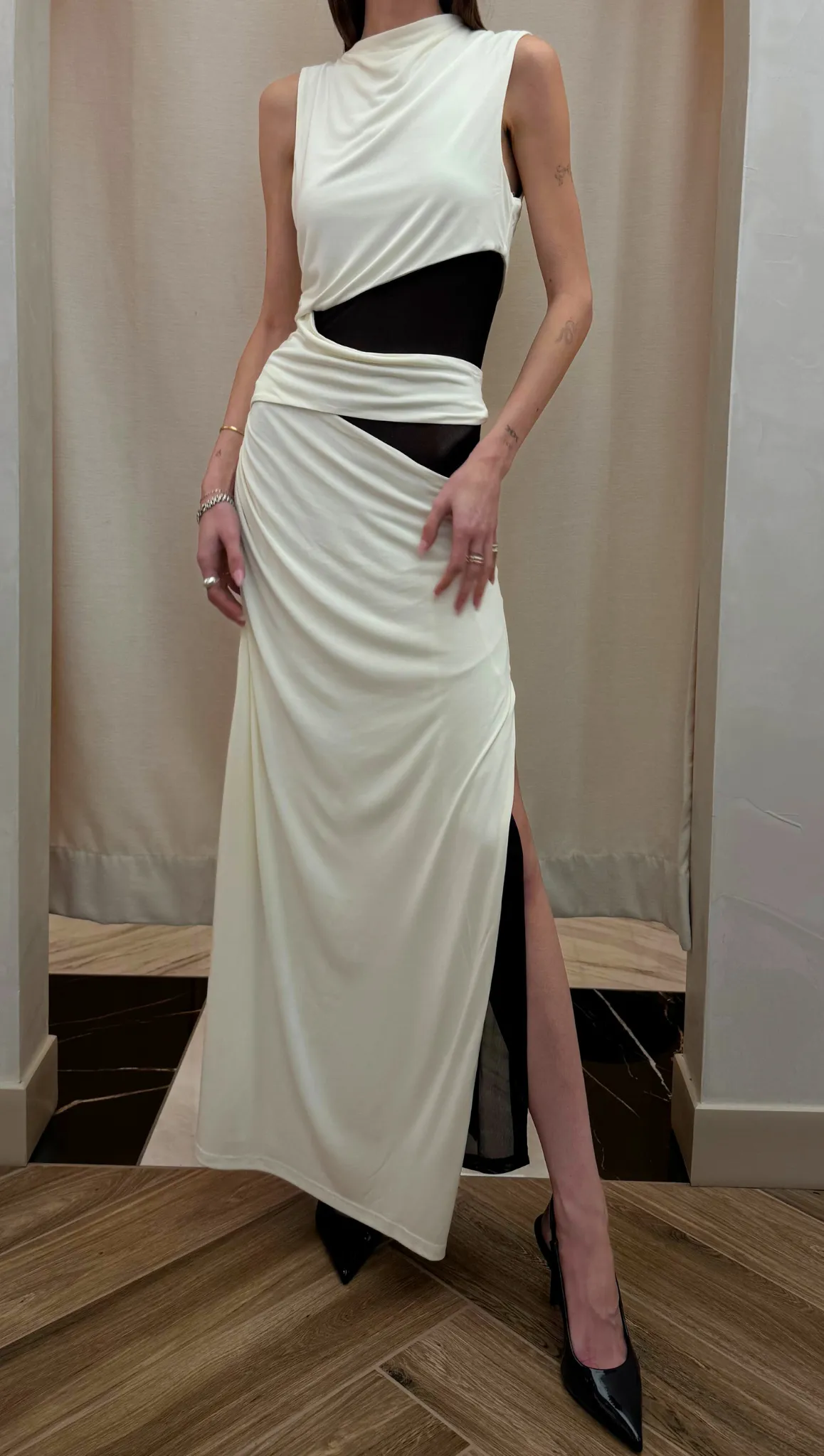 Interweave Drape Maxi Dress - Cream & Black
