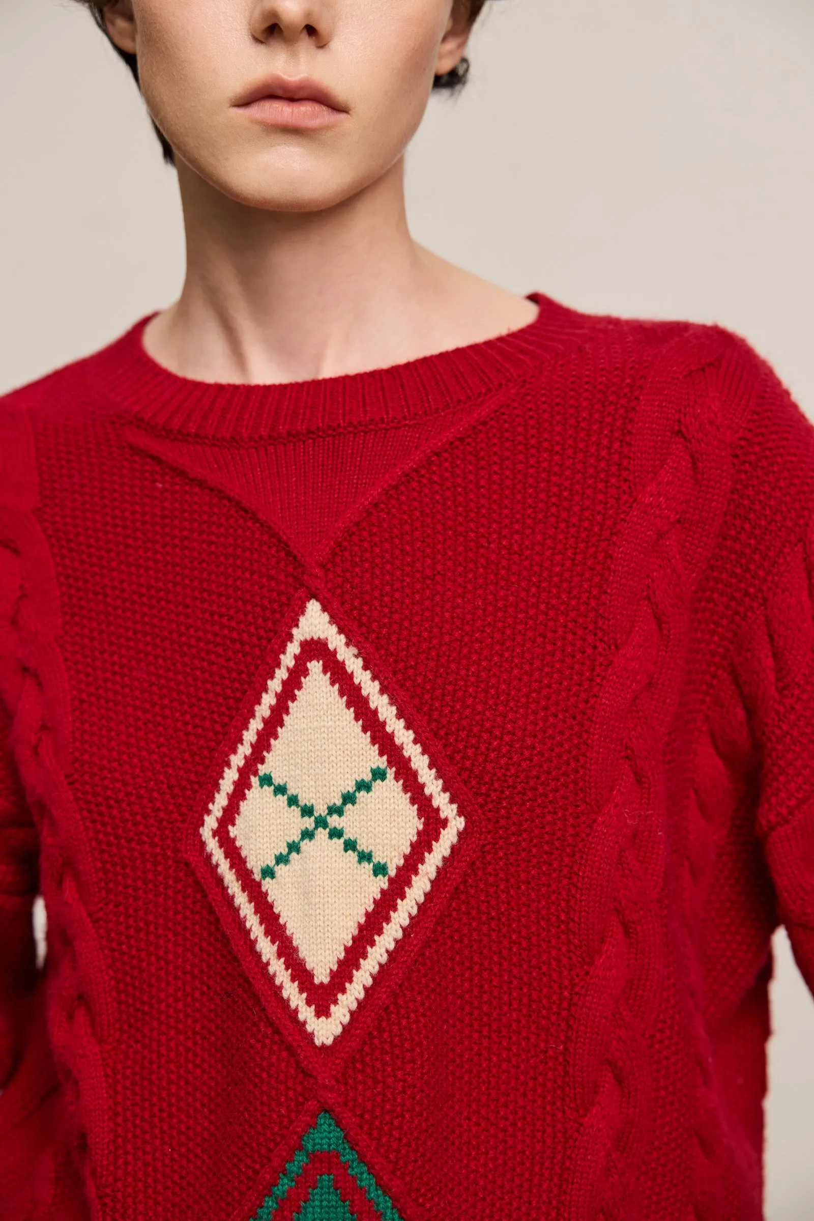 LILY Christmas Diamond Pattern Crewneck Sweater