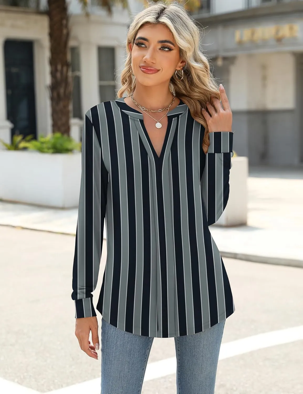 Micoson Womens Tops Dressy Casual Long Sleeve Business Shirts V Neck Pleated Work Blouses Loose Fit Fall Trendy Knit Top