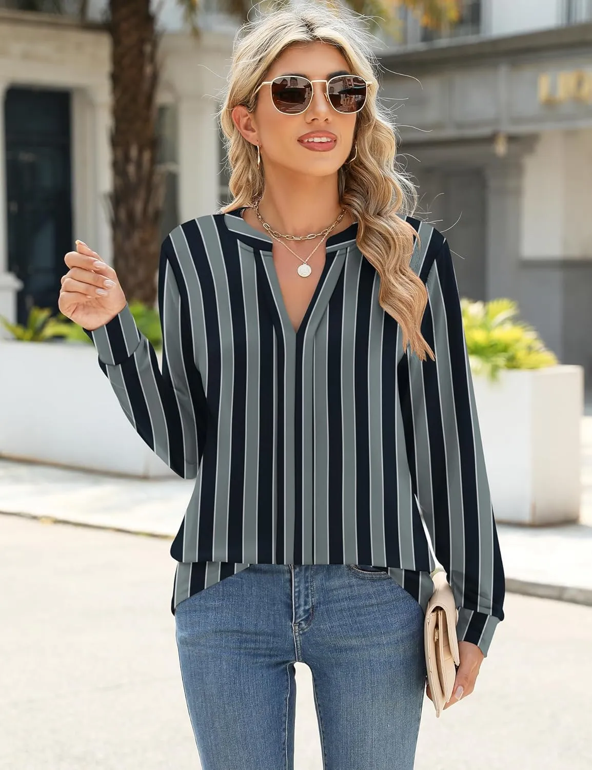 Micoson Womens Tops Dressy Casual Long Sleeve Business Shirts V Neck Pleated Work Blouses Loose Fit Fall Trendy Knit Top