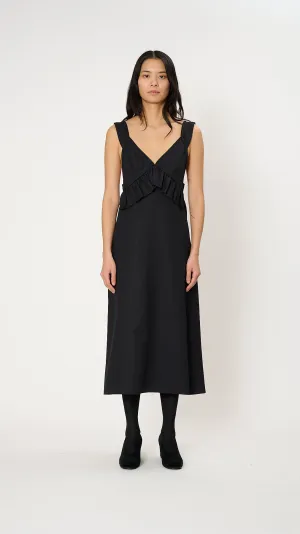 Ruffle Midi Dress in Navy Black