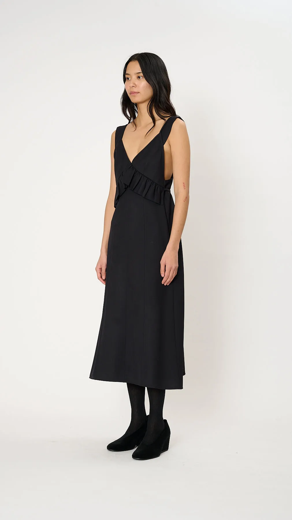 Ruffle Midi Dress in Navy Black