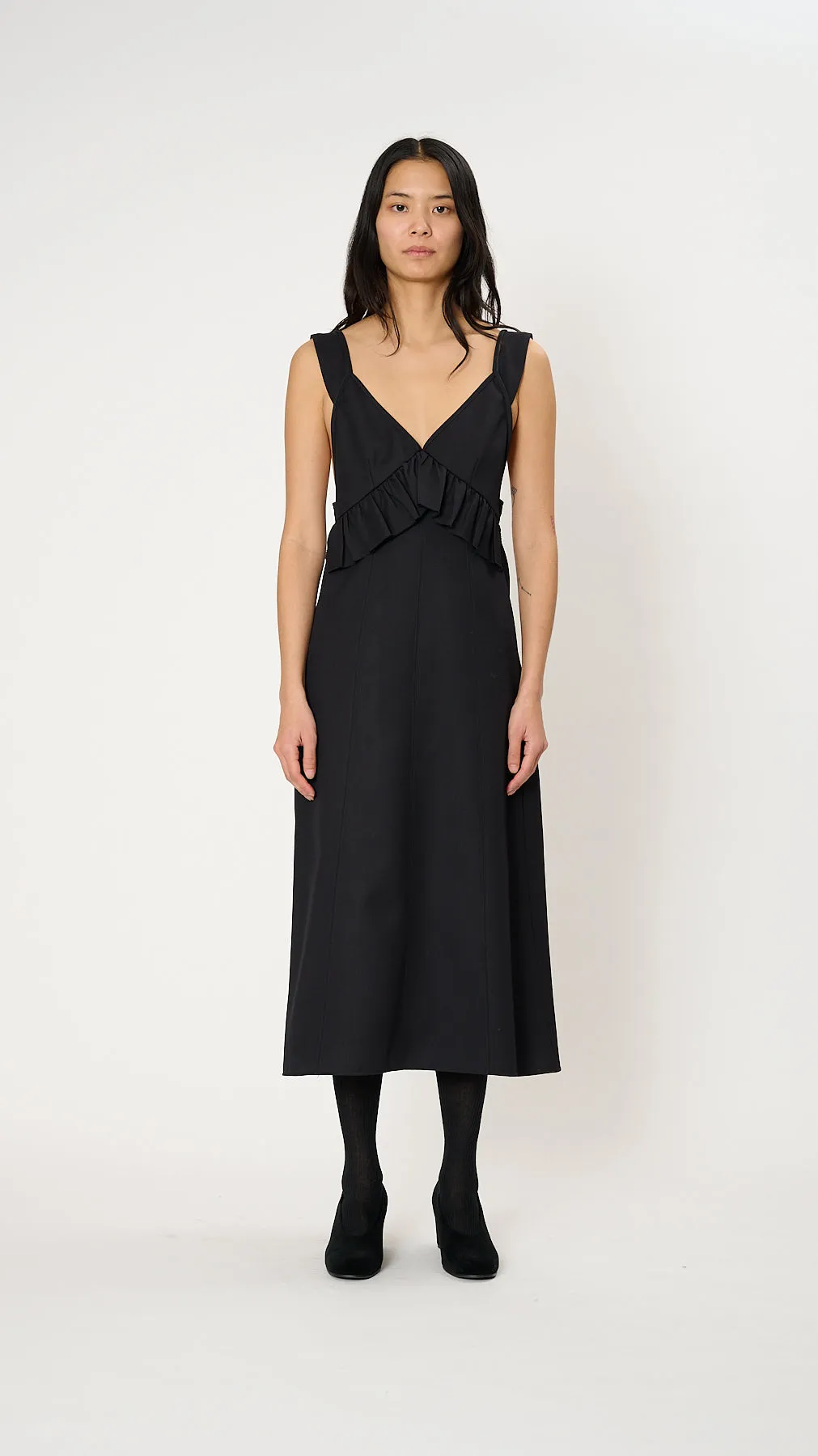 Ruffle Midi Dress in Navy Black