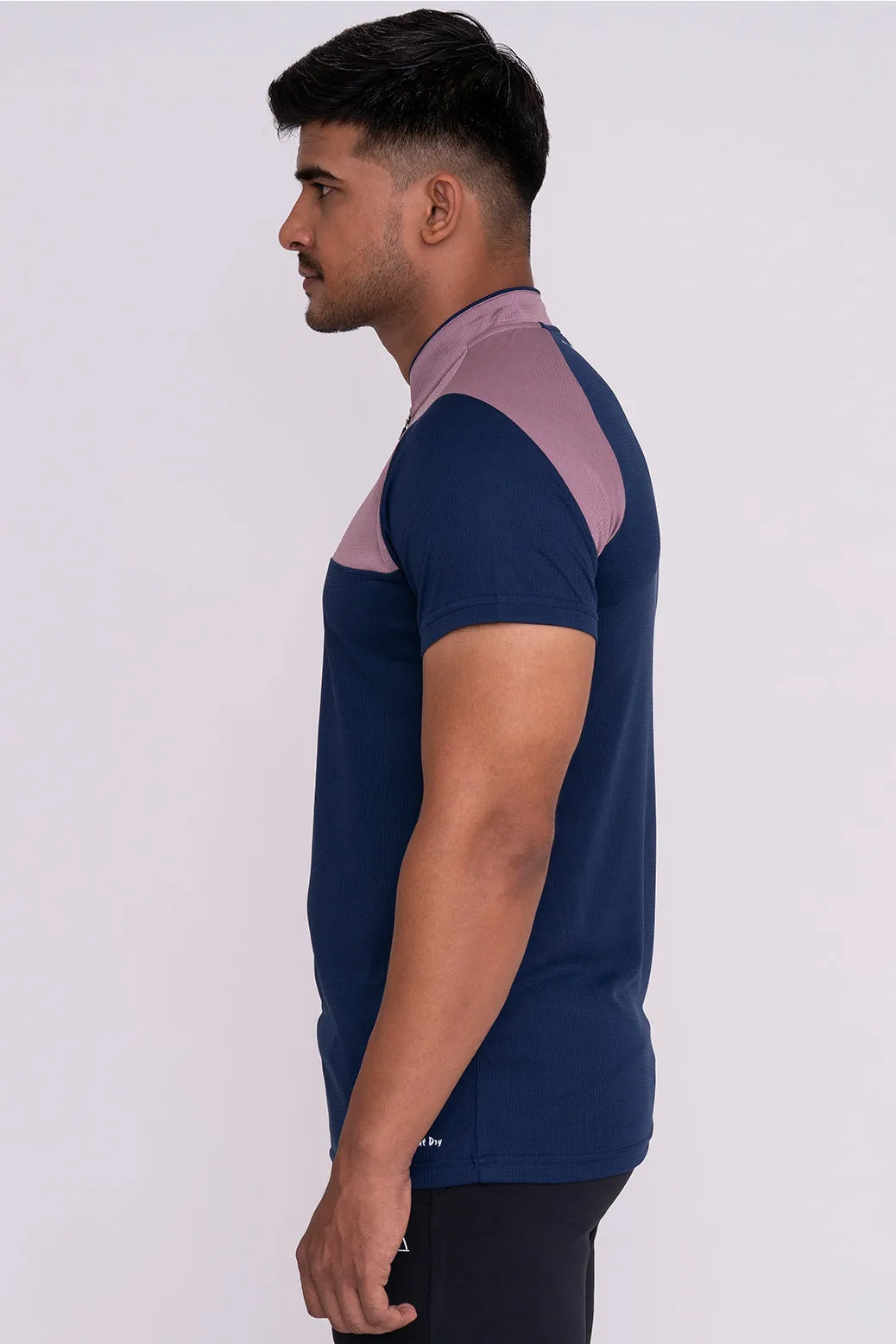 Stand Neck Semi Collar T-Shirts Navy Peach (D)
