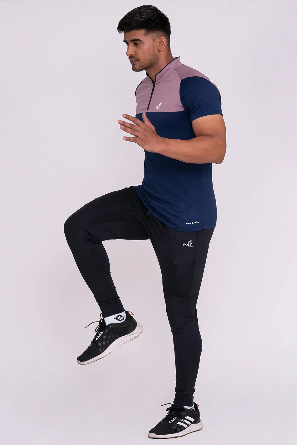 Stand Neck Semi Collar T-Shirts Navy Peach (D)