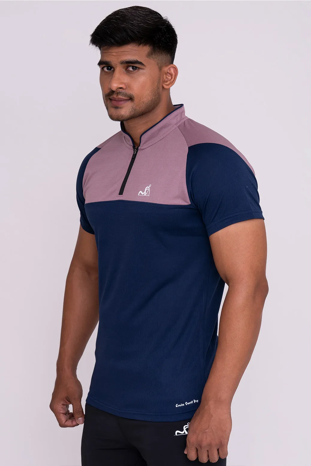Stand Neck Semi Collar T-Shirts Navy Peach (D)