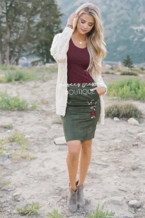 Suede Embroidered Pencil Skirt