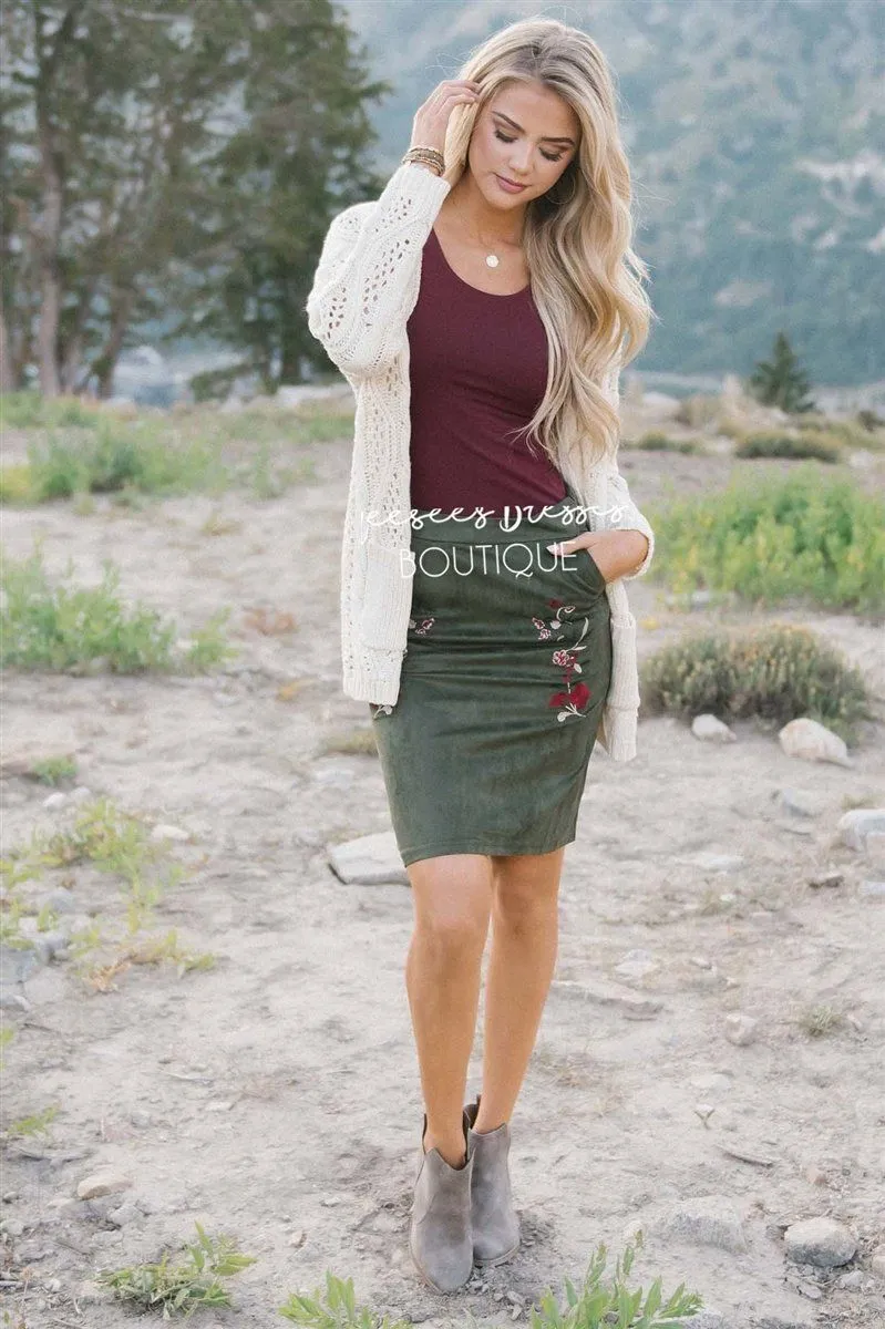 Suede Embroidered Pencil Skirt