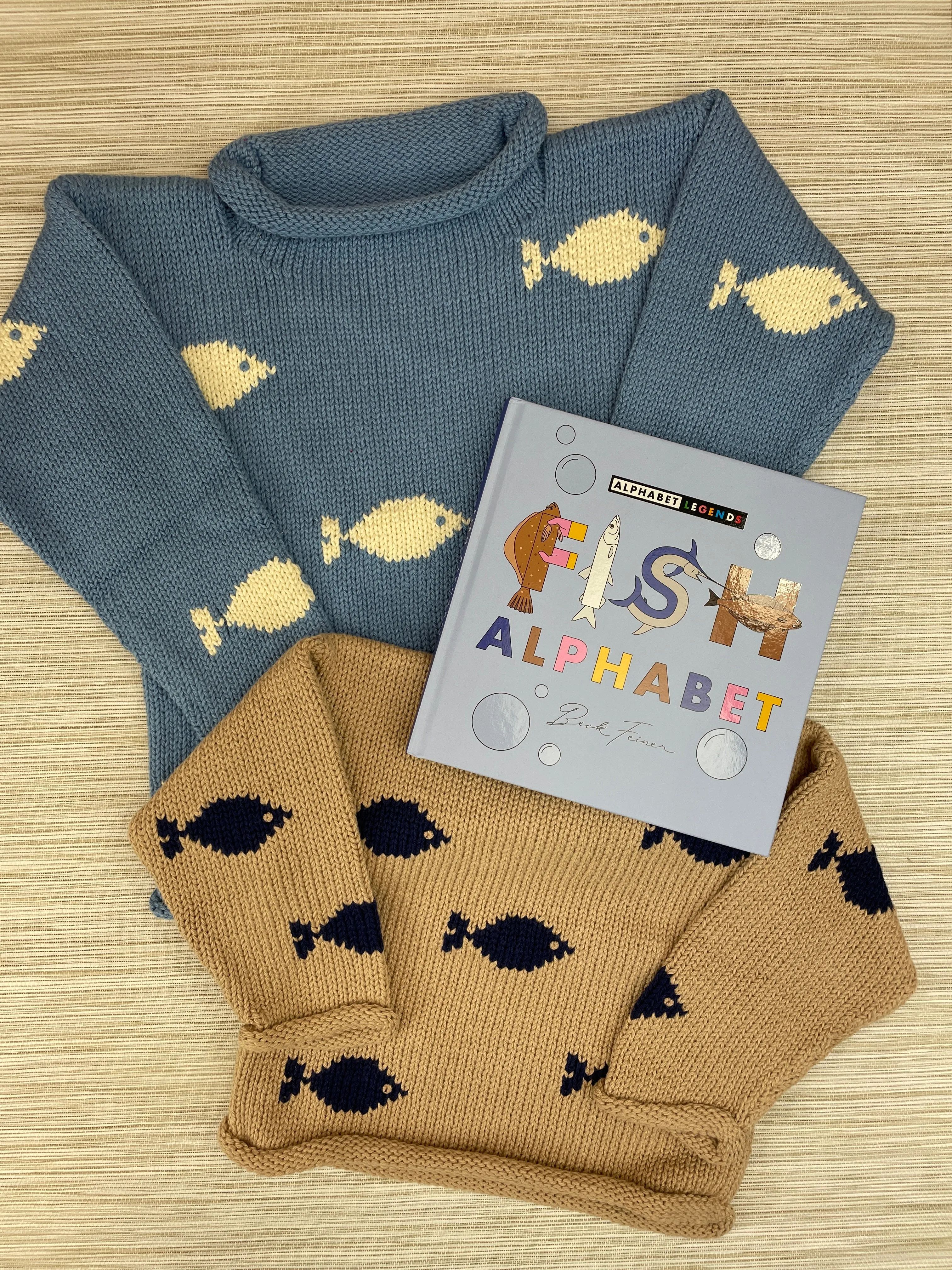 Tan/Navy All Over Fish Roll Neck Sweater