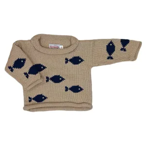 Tan/Navy All Over Fish Roll Neck Sweater