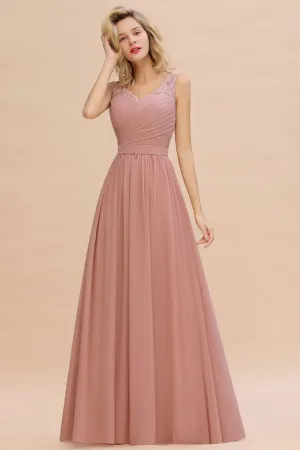 V-Neck Aline Ruffle Chiffon Bridesmaid Dress Sleeveless Floral Evening Swing Dress