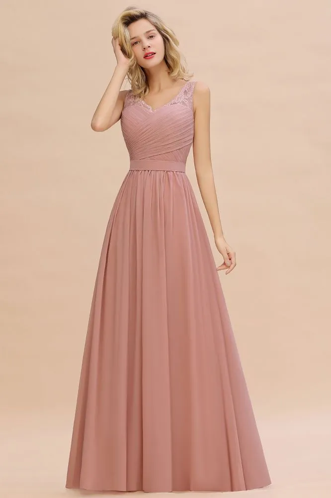V-Neck Aline Ruffle Chiffon Bridesmaid Dress Sleeveless Floral Evening Swing Dress