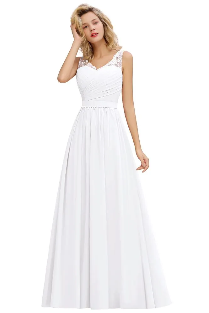 V-Neck Aline Ruffle Chiffon Bridesmaid Dress Sleeveless Floral Evening Swing Dress