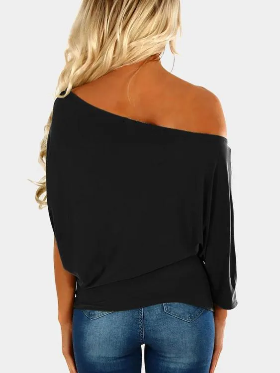 Wholesale One Shoulder Plain Pleated 3/4 Length Sleeve T-Shirts