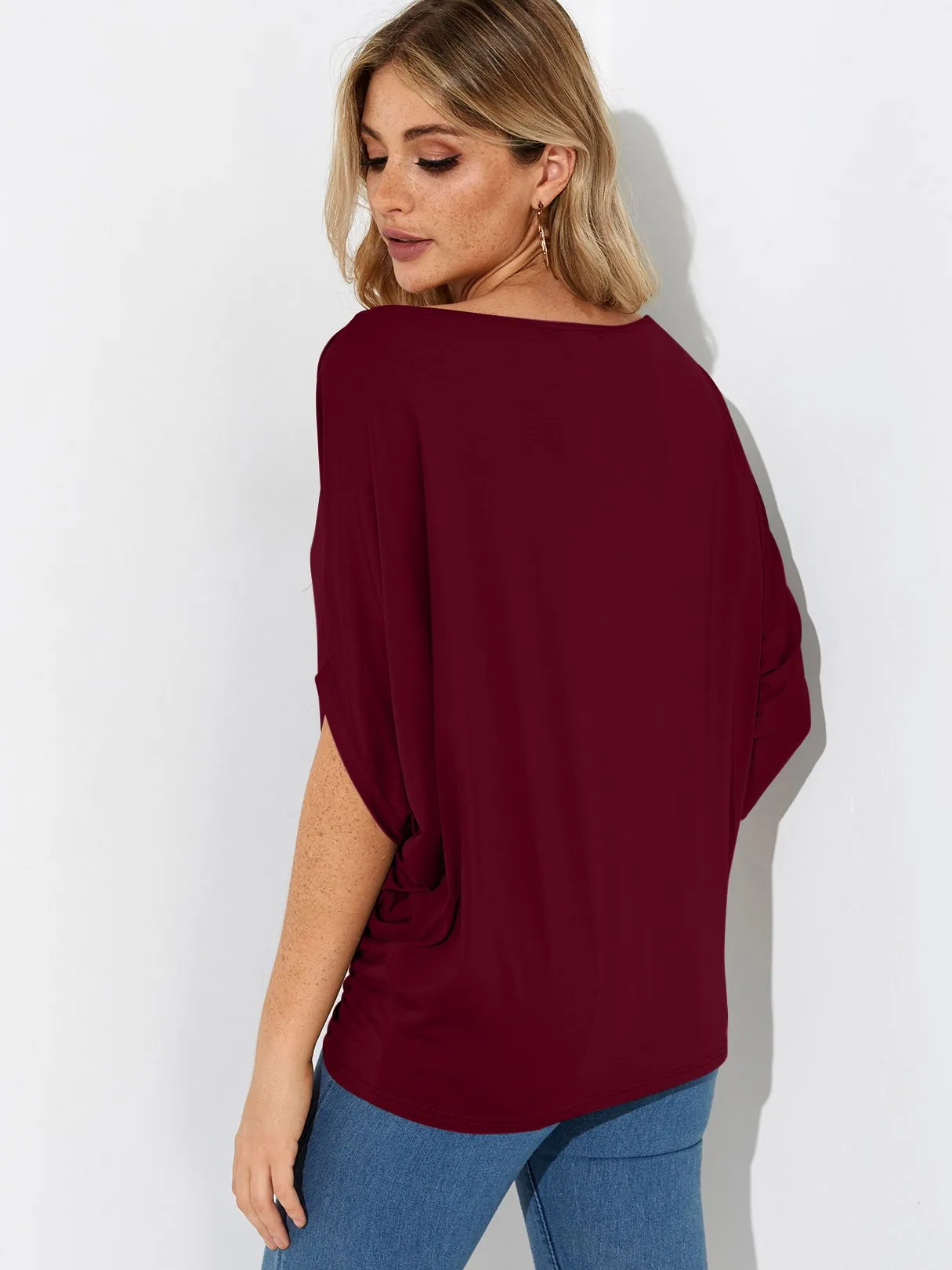 Wholesale One Shoulder Plain Pleated 3/4 Length Sleeve T-Shirts