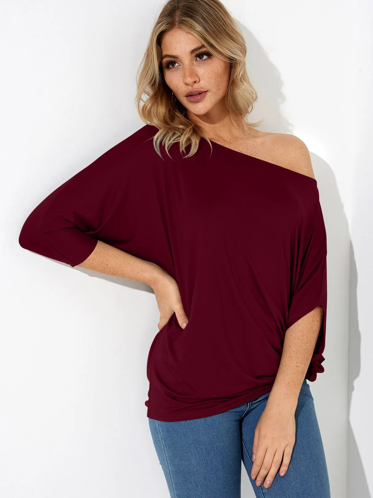Wholesale One Shoulder Plain Pleated 3/4 Length Sleeve T-Shirts