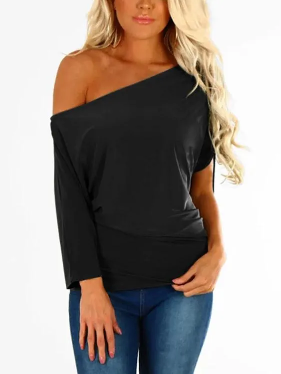 Wholesale One Shoulder Plain Pleated 3/4 Length Sleeve T-Shirts