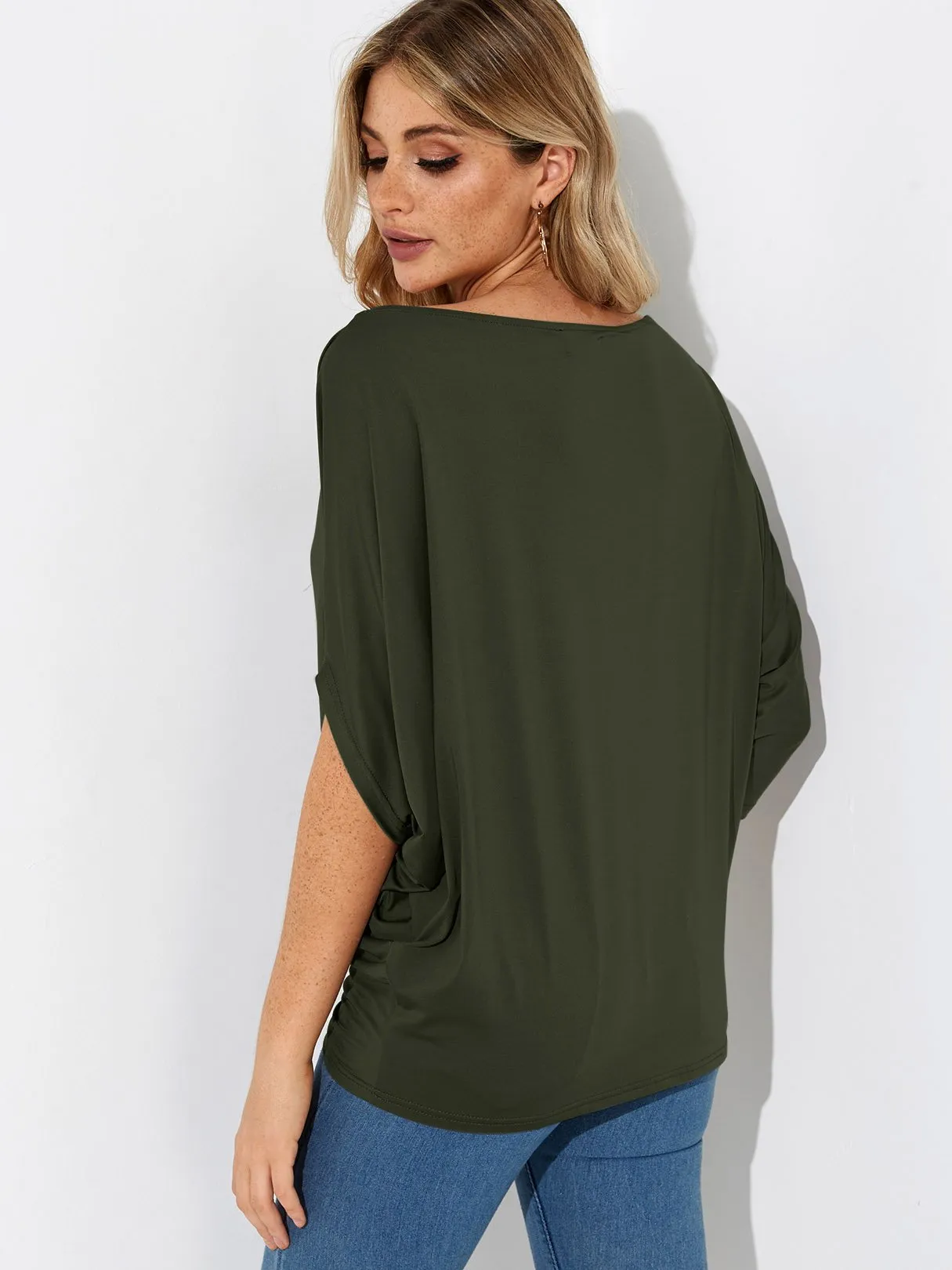 Wholesale One Shoulder Plain Pleated 3/4 Length Sleeve T-Shirts