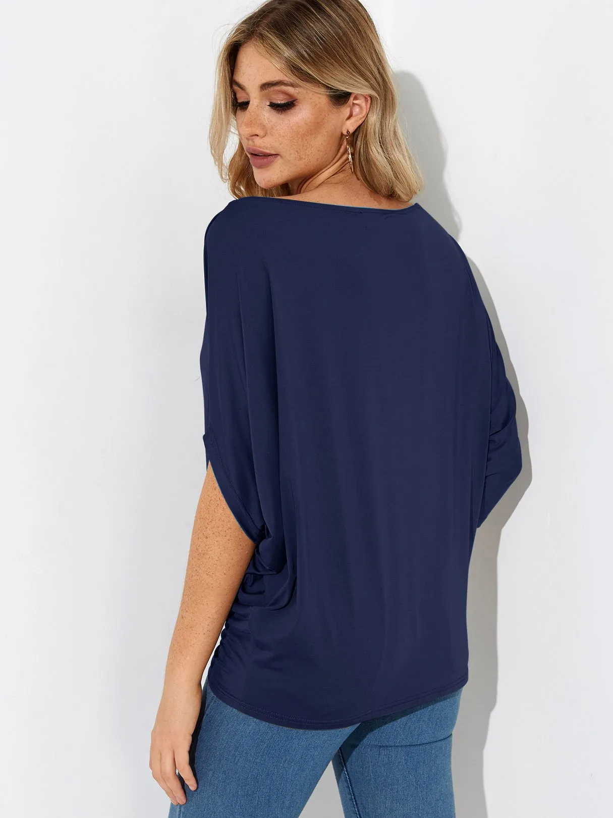 Wholesale One Shoulder Plain Pleated 3/4 Length Sleeve T-Shirts