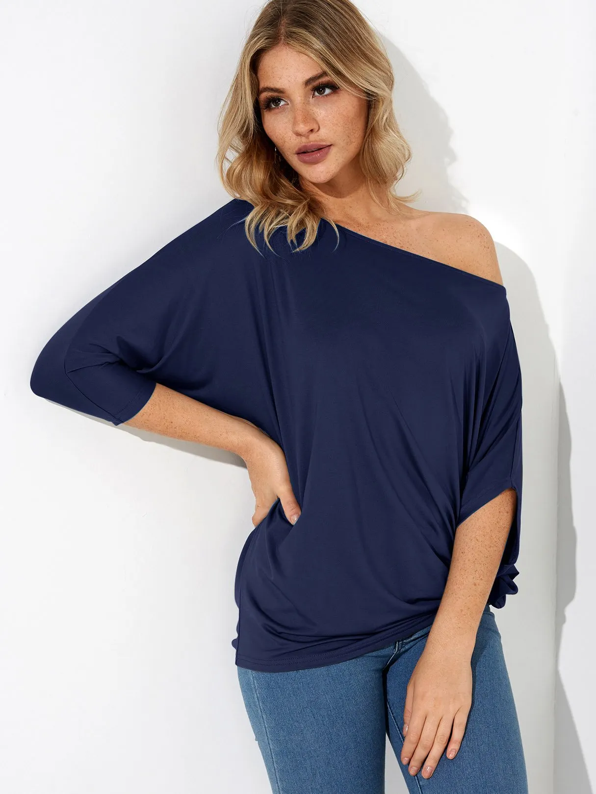 Wholesale One Shoulder Plain Pleated 3/4 Length Sleeve T-Shirts