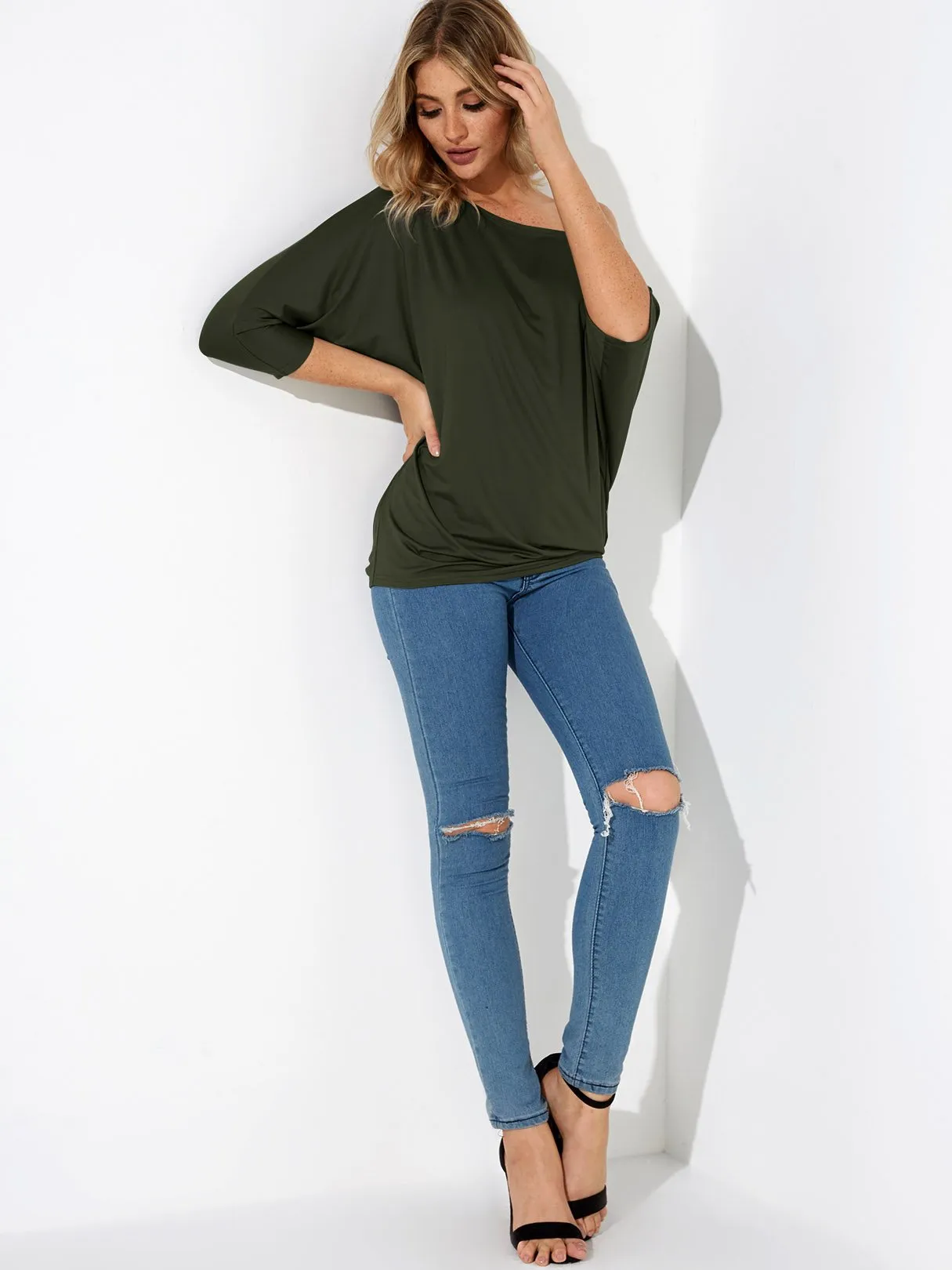 Wholesale One Shoulder Plain Pleated 3/4 Length Sleeve T-Shirts