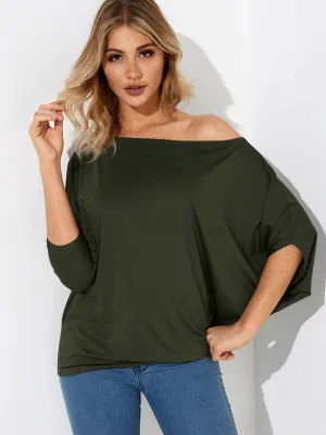 Wholesale One Shoulder Plain Pleated 3/4 Length Sleeve T-Shirts
