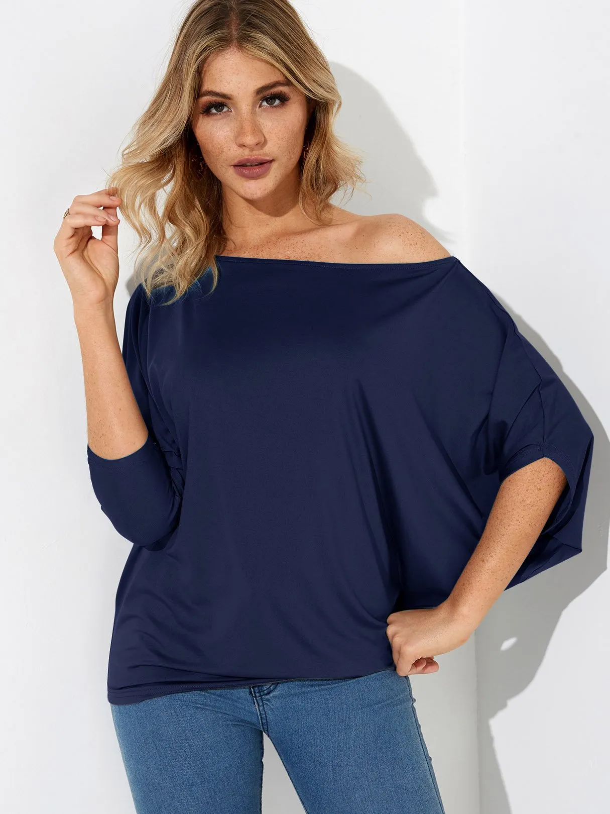 Wholesale One Shoulder Plain Pleated 3/4 Length Sleeve T-Shirts
