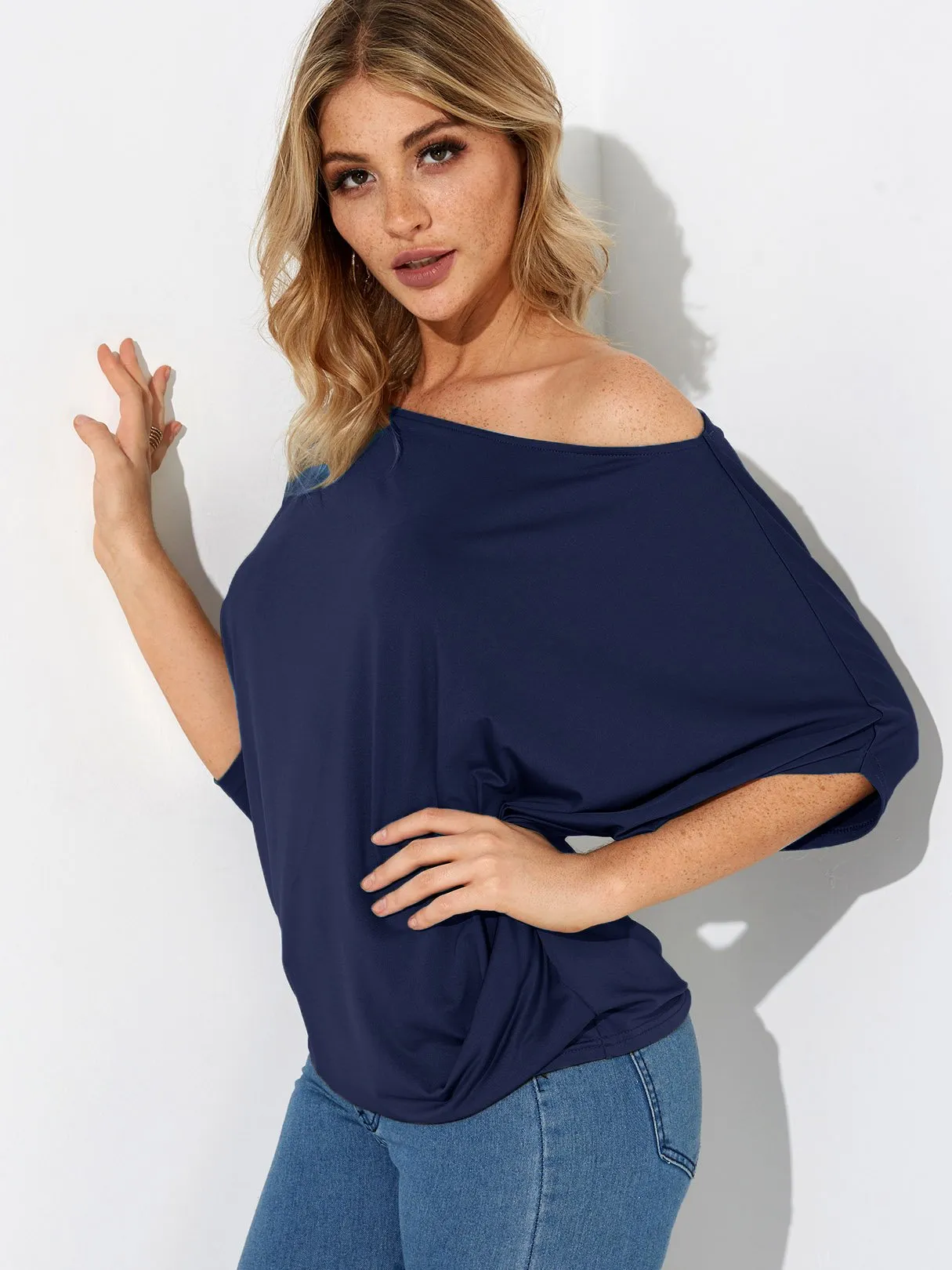 Wholesale One Shoulder Plain Pleated 3/4 Length Sleeve T-Shirts