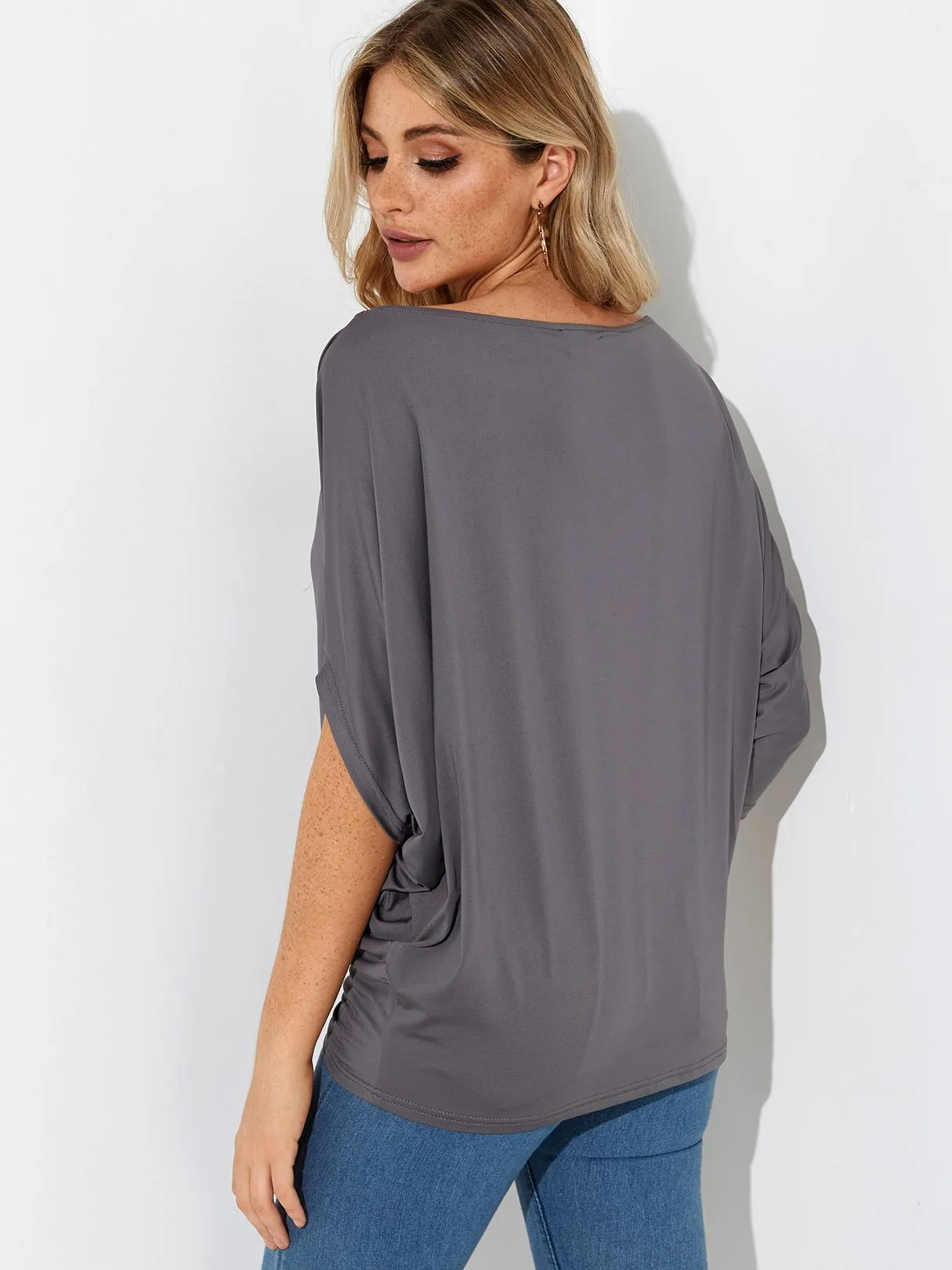 Wholesale One Shoulder Plain Pleated 3/4 Length Sleeve T-Shirts