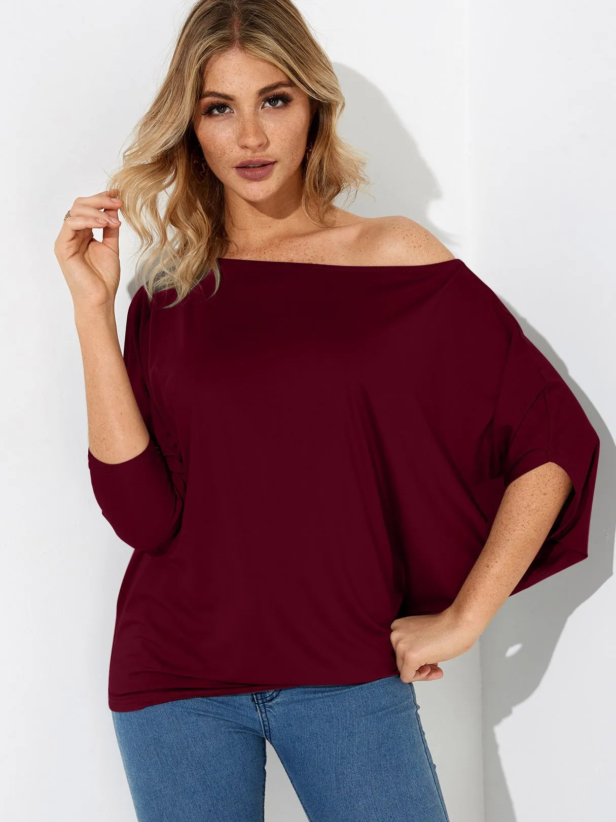 Wholesale One Shoulder Plain Pleated 3/4 Length Sleeve T-Shirts