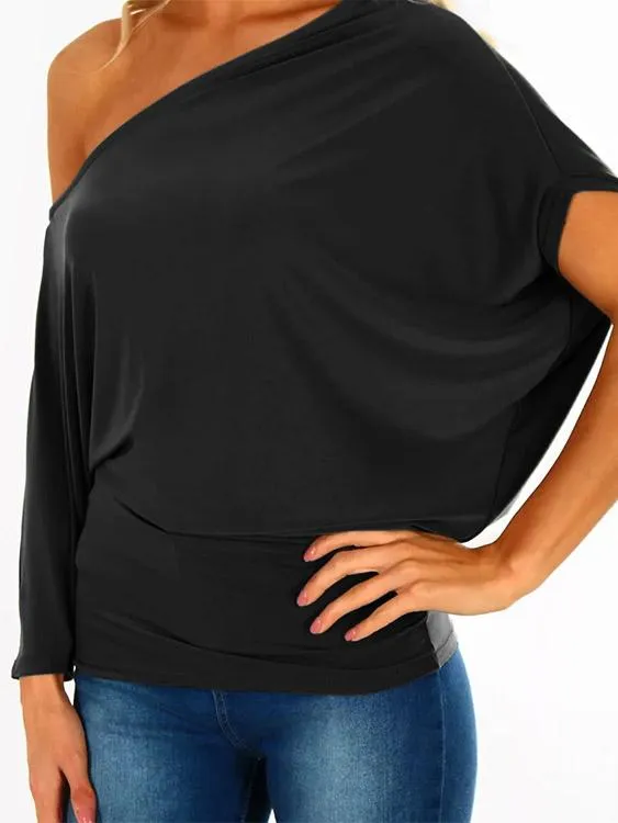 Wholesale One Shoulder Plain Pleated 3/4 Length Sleeve T-Shirts