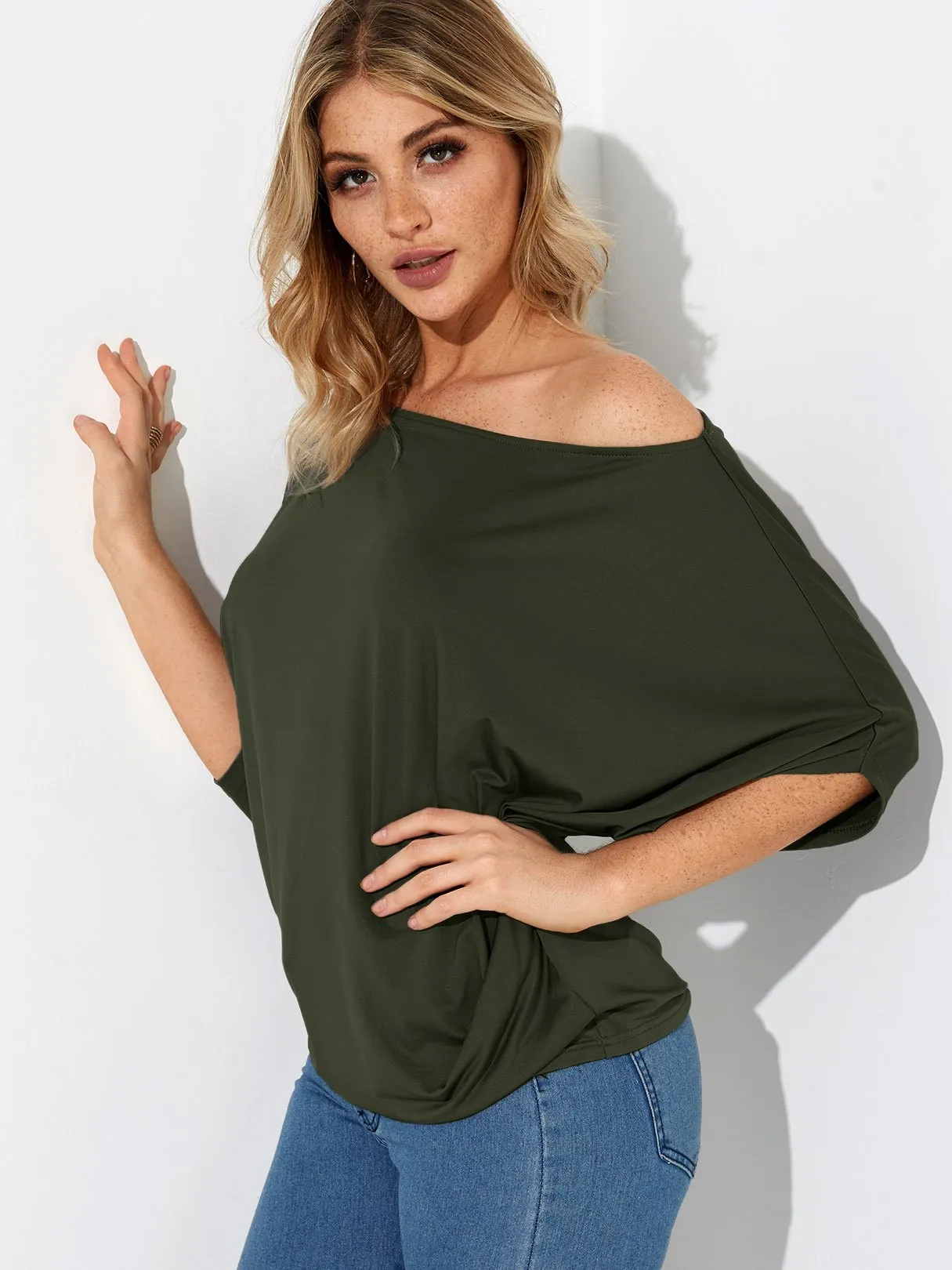 Wholesale One Shoulder Plain Pleated 3/4 Length Sleeve T-Shirts