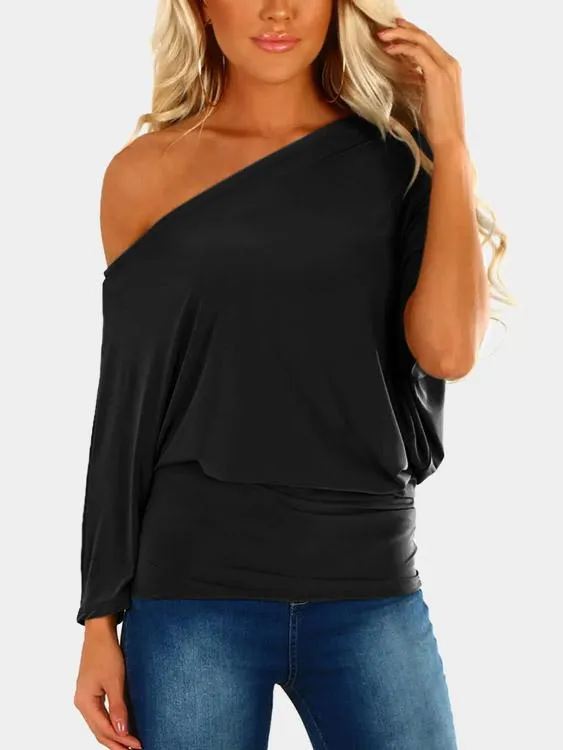 Wholesale One Shoulder Plain Pleated 3/4 Length Sleeve T-Shirts