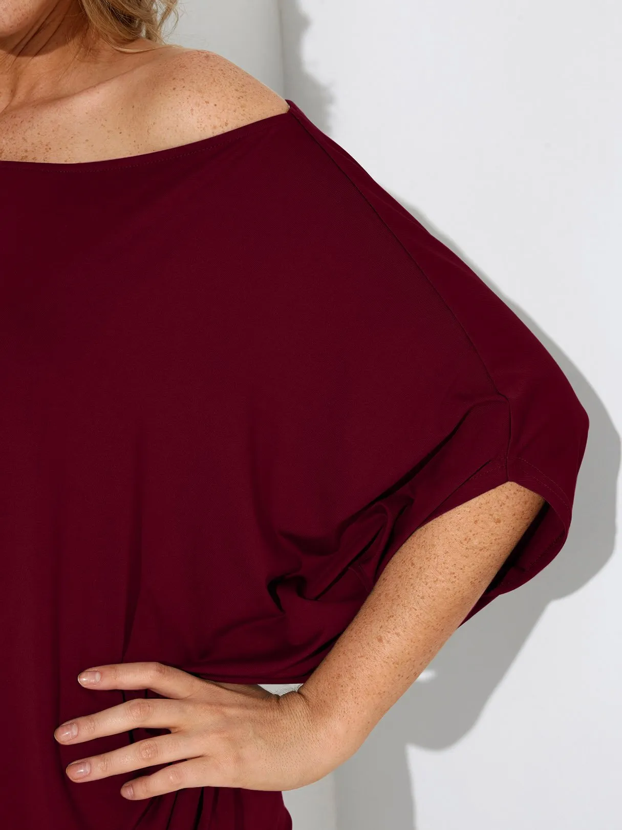 Wholesale One Shoulder Plain Pleated 3/4 Length Sleeve T-Shirts