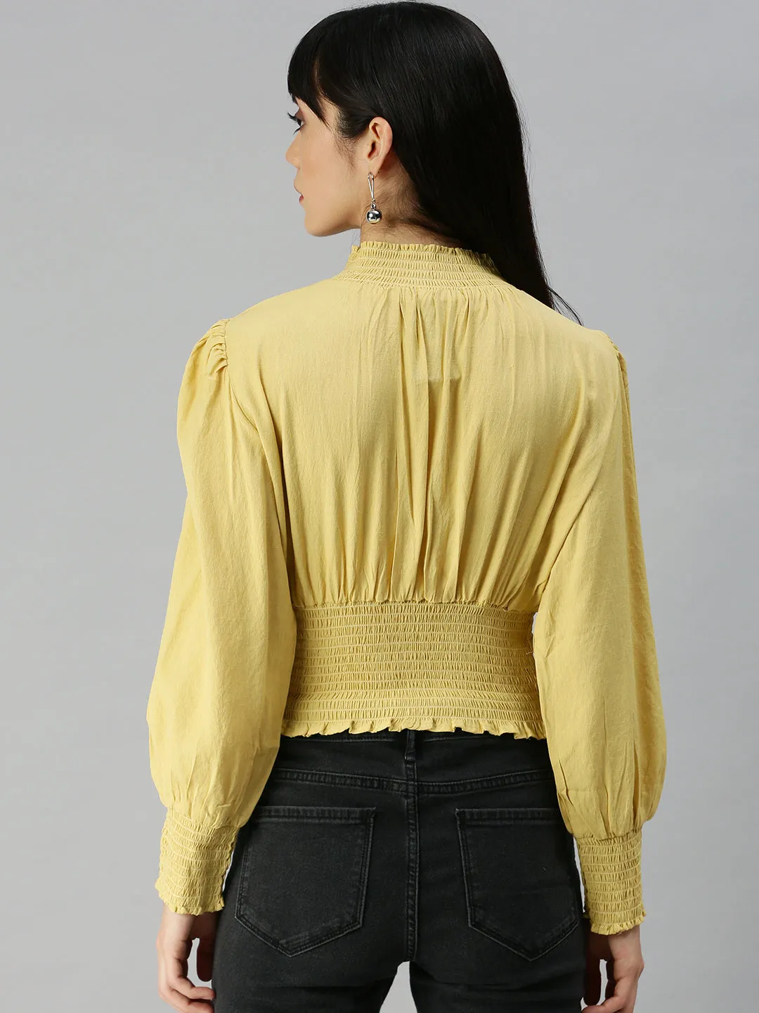 Women High Neck Solid Yellow Cinched Waist Top