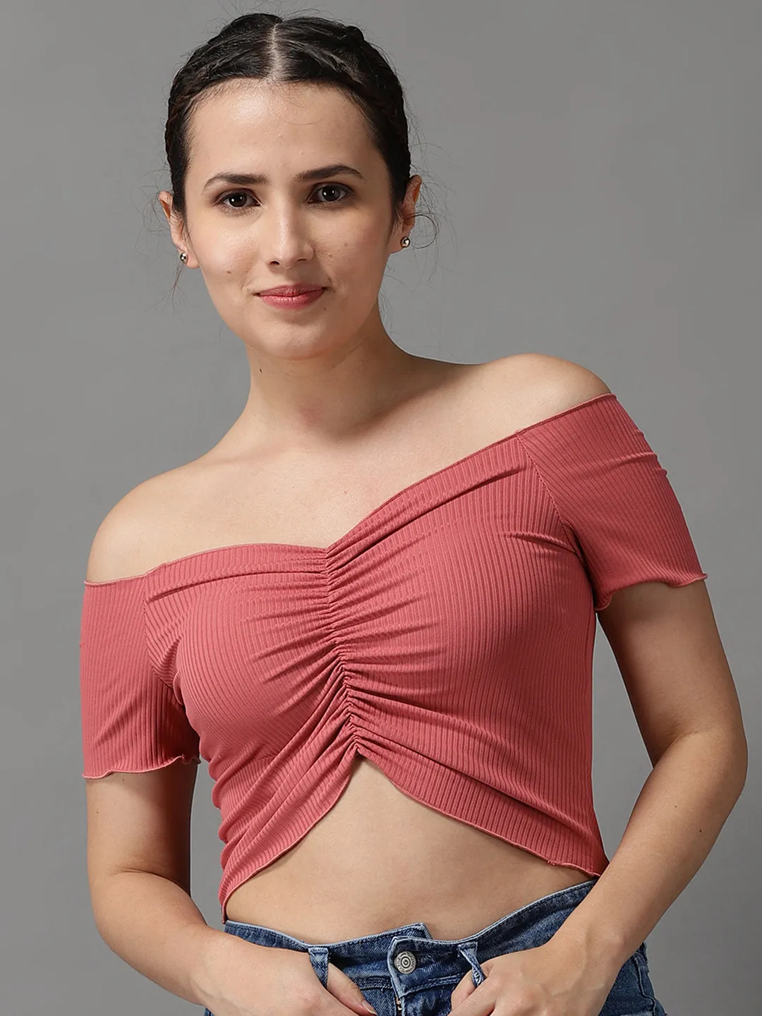 Women Off-Shoulder Solid Mauve Fitted Top
