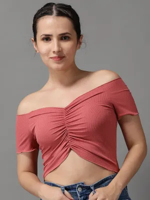 Women Off-Shoulder Solid Mauve Fitted Top