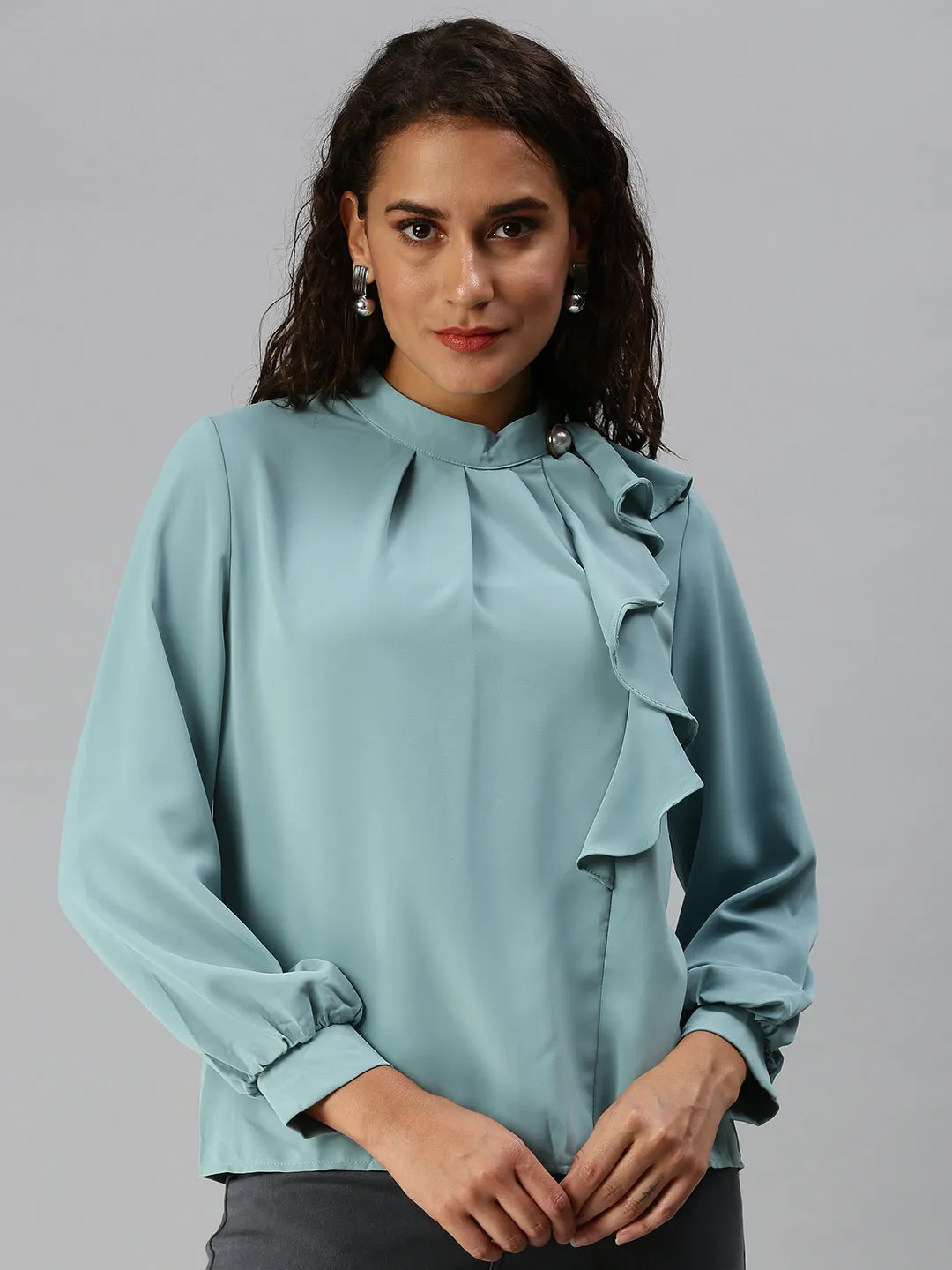 Women Solid Turquoise Blue Top