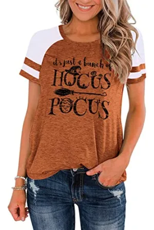 Womens Halloween Shirt Hocus Pocus Shirts Sanderson Witch Broom Graphic Tshirt Raglan Color Block Tops(Orange4,Large)