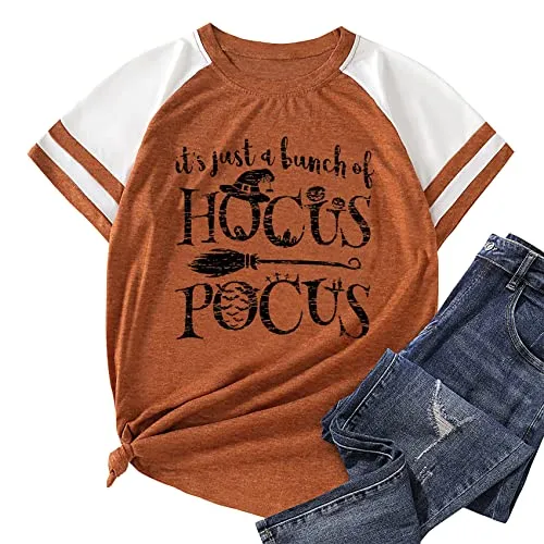 Womens Halloween Shirt Hocus Pocus Shirts Sanderson Witch Broom Graphic Tshirt Raglan Color Block Tops(Orange4,Large)