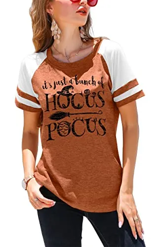 Womens Halloween Shirt Hocus Pocus Shirts Sanderson Witch Broom Graphic Tshirt Raglan Color Block Tops(Orange4,Large)