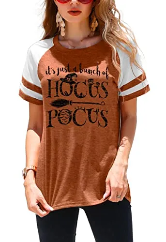Womens Halloween Shirt Hocus Pocus Shirts Sanderson Witch Broom Graphic Tshirt Raglan Color Block Tops(Orange4,Large)