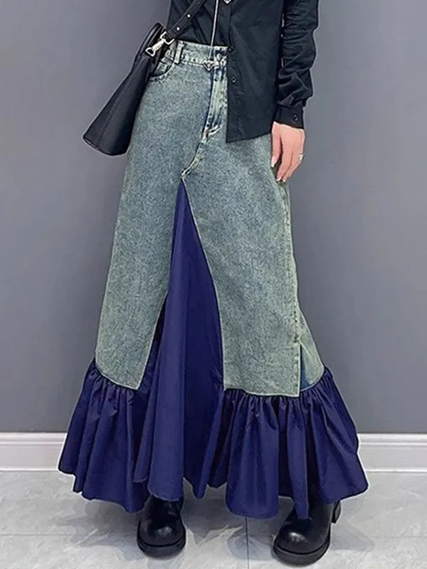 xakxx A-Line Loose Asymmetric Buttoned Pleated Pockets Split-Joint Skirts Bottoms