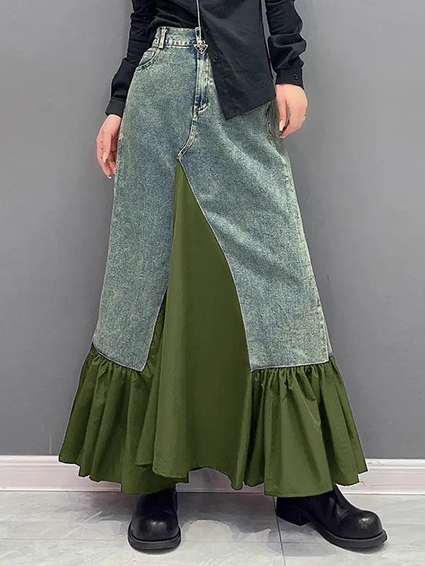 xakxx A-Line Loose Asymmetric Buttoned Pleated Pockets Split-Joint Skirts Bottoms