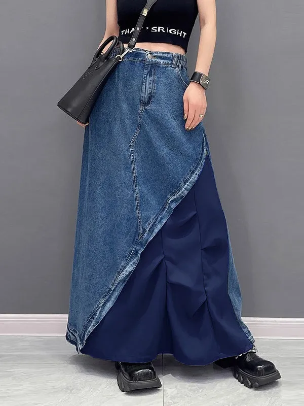 xakxx A-Line Loose Asymmetric Contrast Color Elasticity Split-Joint Denim Skirts Bottoms