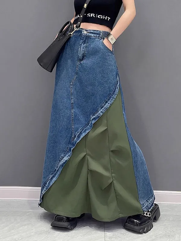 xakxx A-Line Loose Asymmetric Contrast Color Elasticity Split-Joint Denim Skirts Bottoms