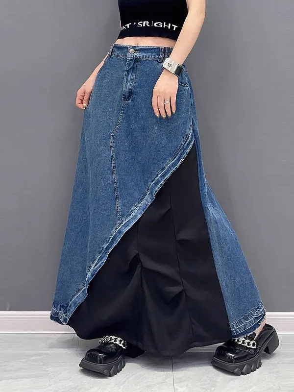 xakxx A-Line Loose Asymmetric Contrast Color Elasticity Split-Joint Denim Skirts Bottoms