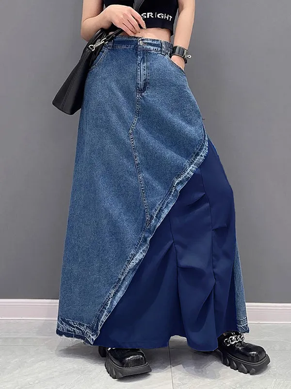 xakxx A-Line Loose Asymmetric Contrast Color Elasticity Split-Joint Denim Skirts Bottoms